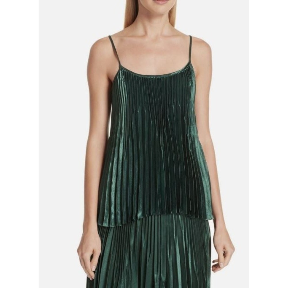 Vince Chevron Pleated Satin Sleeveless Camisole Tank Top in Forest Green Large